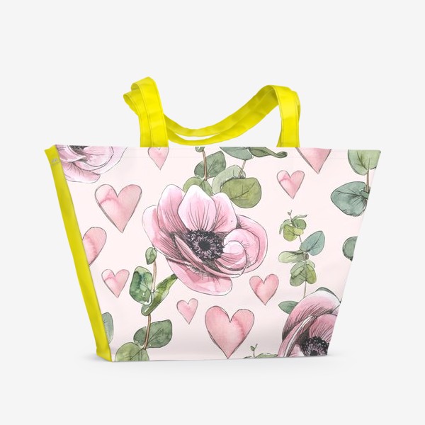 Пляжная сумка &laquo;Розовые цветы анемоны, сердечки, веточки эвкалипта. Акварель, паттерн.&raquo;