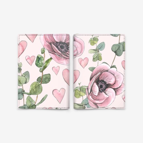 Обложка для паспорта «Розовые цветы анемоны, сердечки, веточки эвкалипта. Акварель, паттерн.»