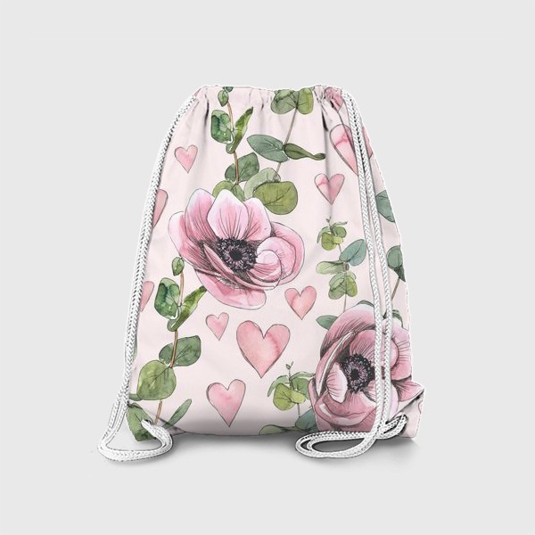 Рюкзак «Розовые цветы анемоны, сердечки, веточки эвкалипта. Акварель, паттерн.»