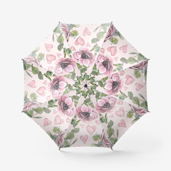 Зонт &laquo;Розовые цветы анемоны, сердечки, веточки эвкалипта. Акварель, паттерн.&raquo;