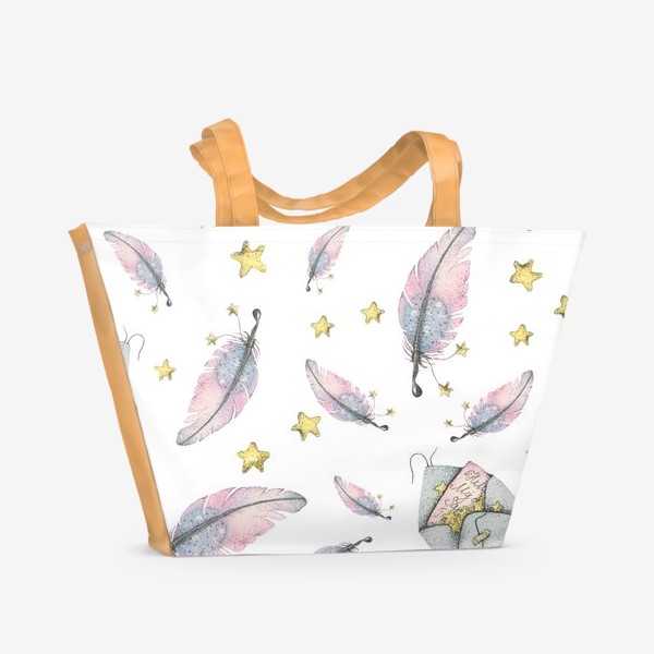 Пляжная сумка «Конверты, волшебное письмо, перья, звезды. Акварель, паттерн.»