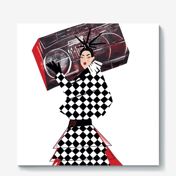 Холст «Абстрактная девушка с огромным магнитофоном в черныхб красных и белых тонах на белом фоне »