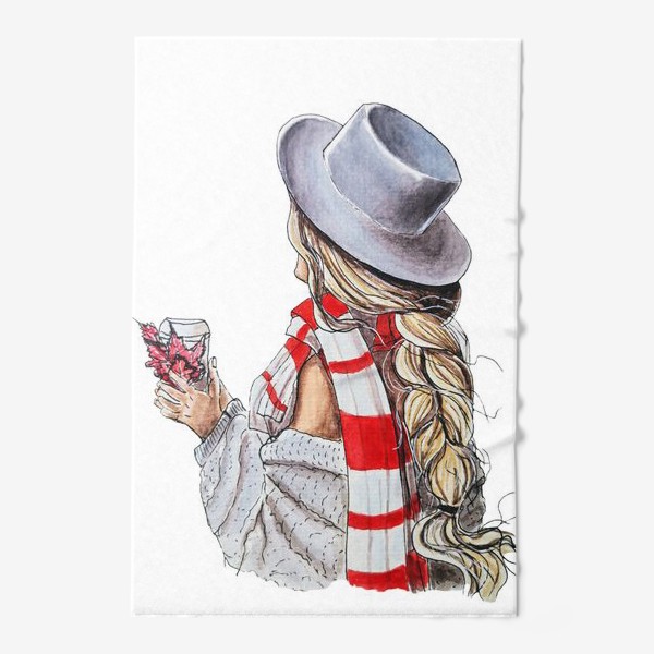 Полотенце «Девушка со стаканчиком кофе и осенними листьями, в шляпе и красно-белом шарфе. »