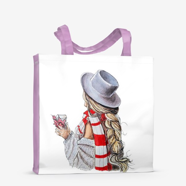 Сумка-шоппер «Девушка со стаканчиком кофе и осенними листьями, в шляпе и красно-белом шарфе. »