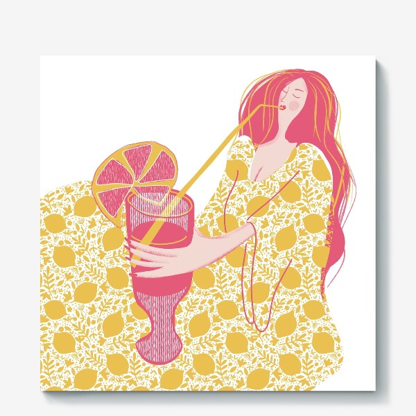 Холст «Абстрактная девушка с огромным магнитофоном в желтых и розовых тонах на белом фоне с лимонадом»