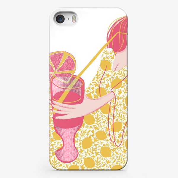 Чехол iPhone «Абстрактная девушка с огромным магнитофоном в желтых и розовых тонах на белом фоне с лимонадом»