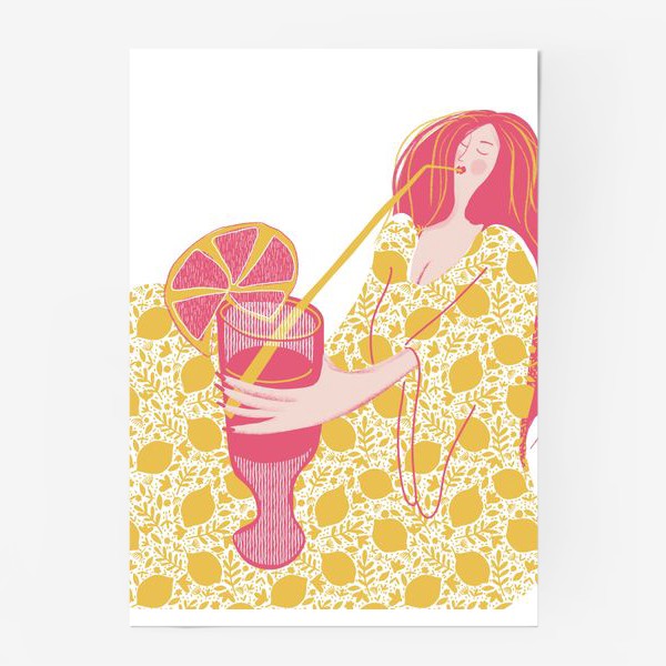 Постер «Абстрактная девушка с огромным магнитофоном в желтых и розовых тонах на белом фоне с лимонадом»