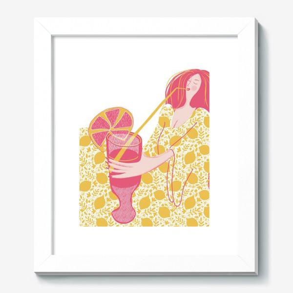 Картина «Абстрактная девушка с огромным магнитофоном в желтых и розовых тонах на белом фоне с лимонадом»