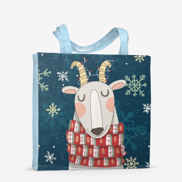 Сумка-шоппер &laquo;Мечтательная коза в шарфе с елочками. Паттерн из снежинок на фоне. &raquo;