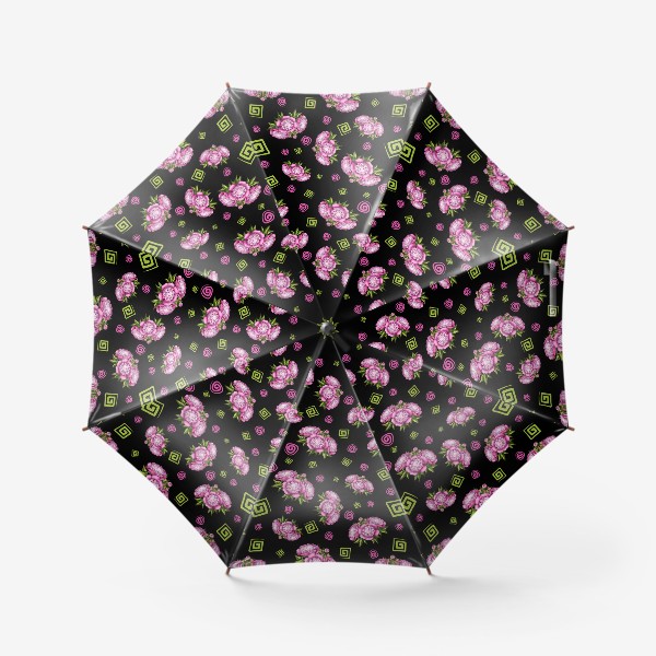 Зонт «Пионы с завитушками на чёрном фоне»