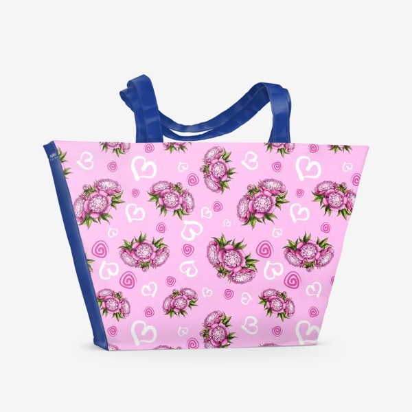 Пляжная сумка «Пионы с сердечками на розовом фоне»