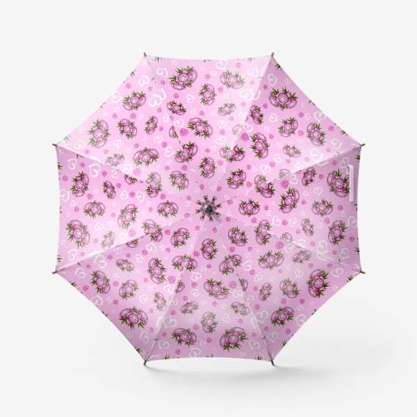 Зонт «Пионы с сердечками на розовом фоне»