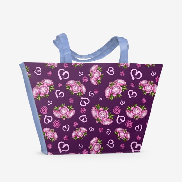Пляжная сумка «Пионы с сердечками на фиолетовом фоне»