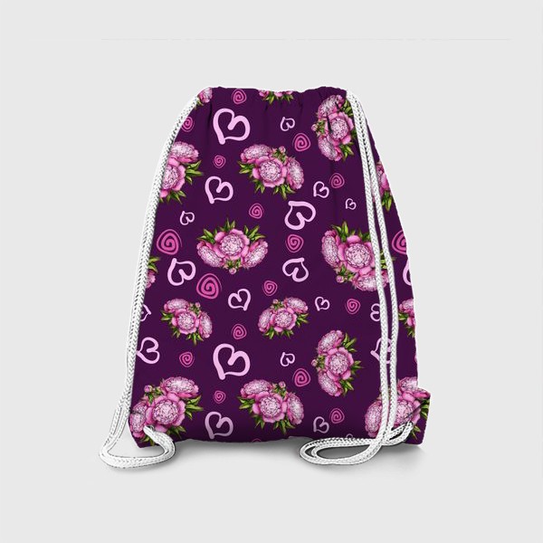 Рюкзак «Пионы с сердечками на фиолетовом фоне»