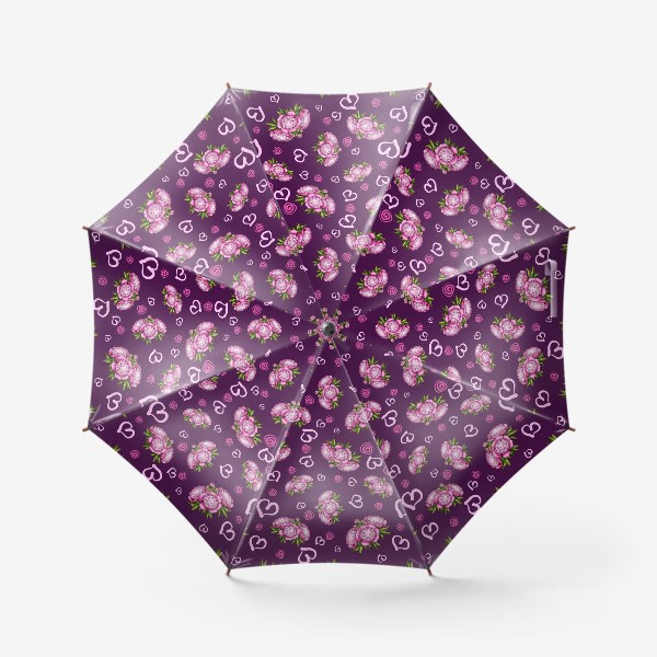 Зонт «Пионы с сердечками на фиолетовом фоне»