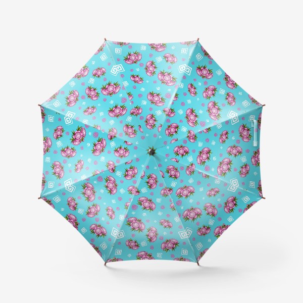 Зонт «Пионы с завитушками на бирюзовом фоне»