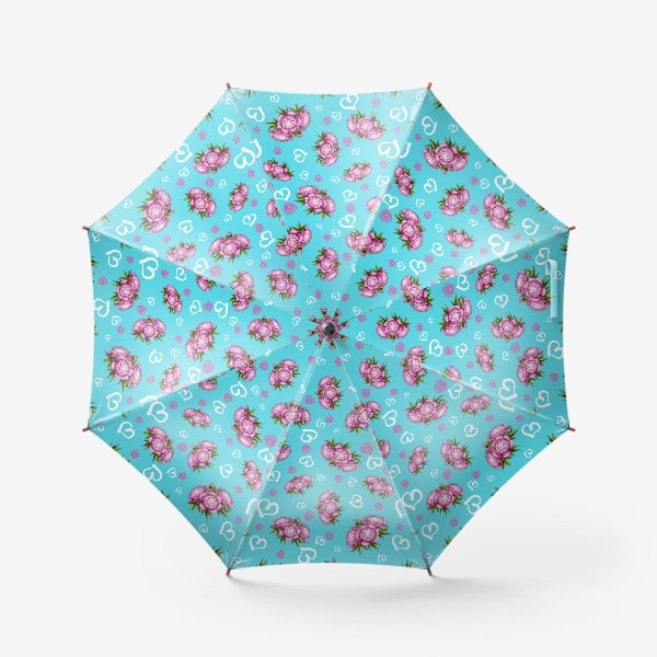 Зонт «Пионы с сердечками на бирюзовом фоне»