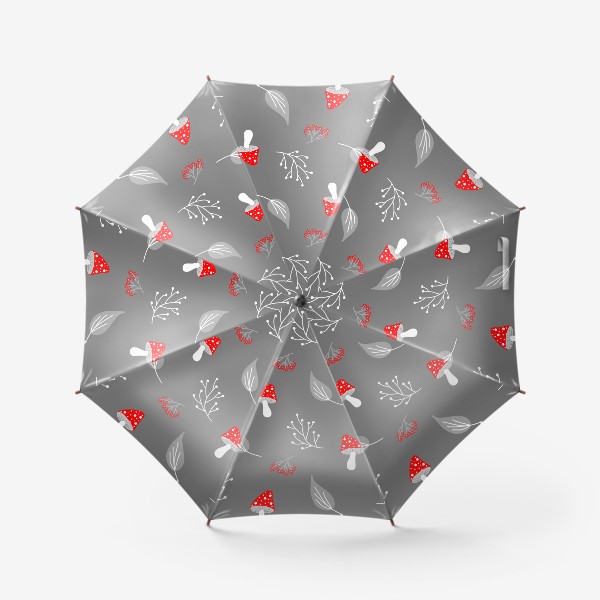 Зонт «Грибы мухоморы, ягоды, веточки, листья на сером фоне, паттерн»