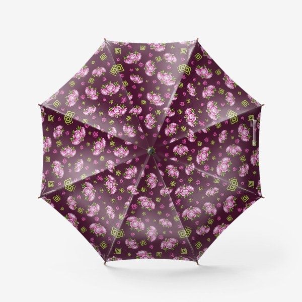 Зонт «Пионы с завитушками на бордовом фоне»