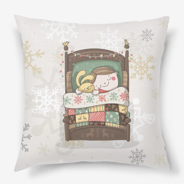 Подушка «Спокойной ночи. Мальчик обнимает зайчика под теплым цветным одеялом с оленями. Зима, снежинки, тепло и уют.»