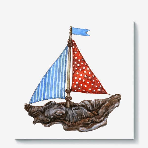 Холст «Деревянный кораблик с разными парусами»