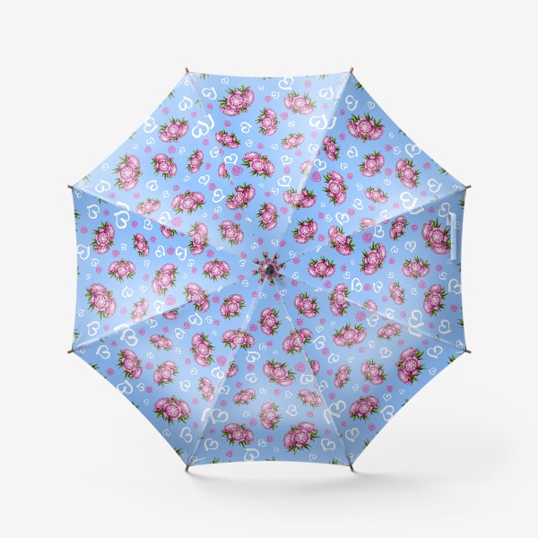 Зонт «Пионы с сердечками на голубом фоне»
