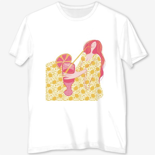Футболка с полной запечаткой «Абстрактная девушка с огромным магнитофоном в желтых и розовых тонах на белом фоне с лимонадом»