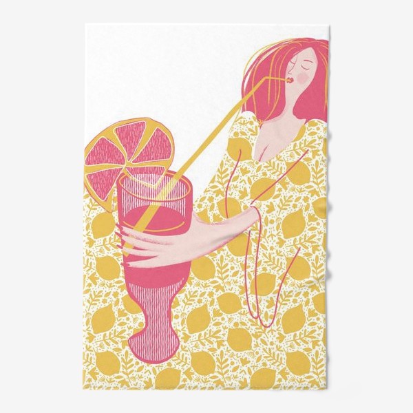 Полотенце «Абстрактная девушка с огромным магнитофоном в желтых и розовых тонах на белом фоне с лимонадом»
