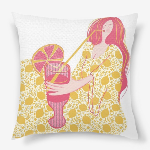 Подушка «Абстрактная девушка с огромным магнитофоном в желтых и розовых тонах на белом фоне с лимонадом»
