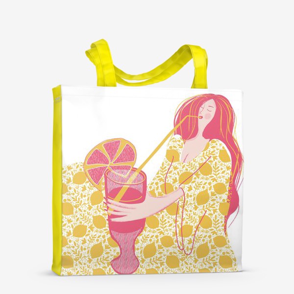 Сумка-шоппер «Абстрактная девушка с огромным магнитофоном в желтых и розовых тонах на белом фоне с лимонадом»