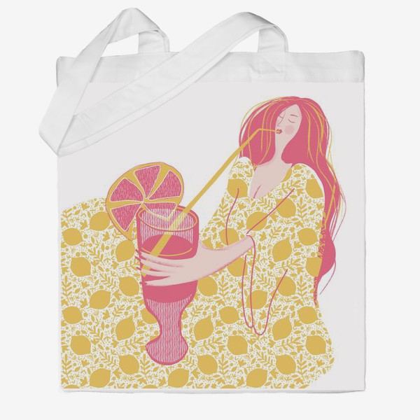 Сумка хб «Абстрактная девушка с огромным магнитофоном в желтых и розовых тонах на белом фоне с лимонадом»