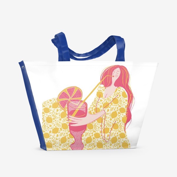 Пляжная сумка «Абстрактная девушка с огромным магнитофоном в желтых и розовых тонах на белом фоне с лимонадом»