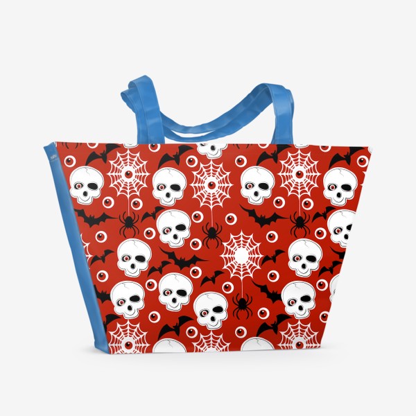 Пляжная сумка «Хэллоуин. Бесшовный принт с черепами,летучими мышами,пауками и паутиной.»