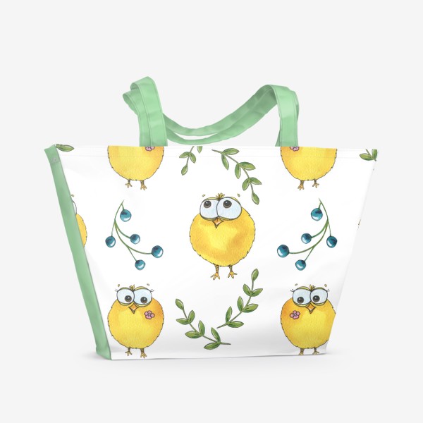 Пляжная сумка «Желтые мультяшные цыплята. Акварель, паттерн»