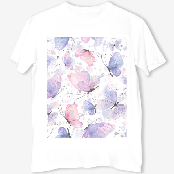 Футболка &laquo;Розовые, фиолетовые, голубые бабочки. Акварель, паттерн.&raquo;