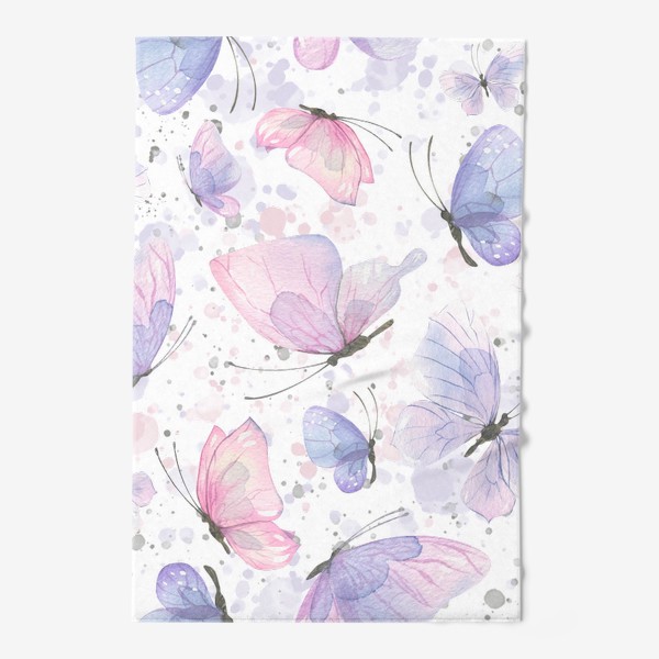 Полотенце &laquo;Розовые, фиолетовые, голубые бабочки. Акварель, паттерн.&raquo;