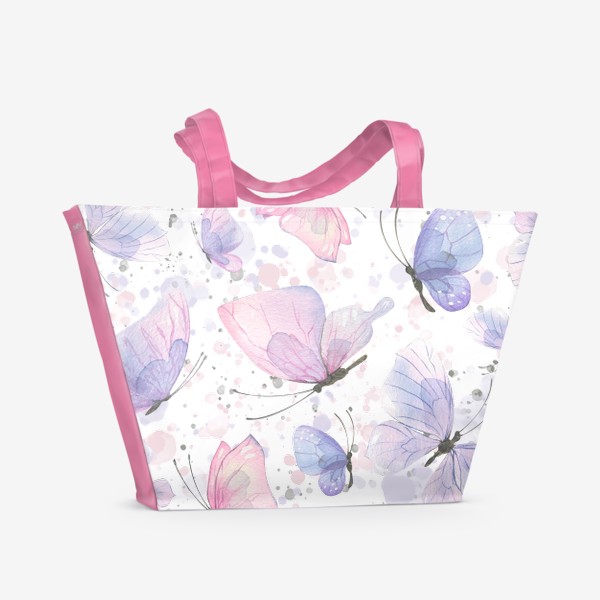 Пляжная сумка &laquo;Розовые, фиолетовые, голубые бабочки. Акварель, паттерн.&raquo;