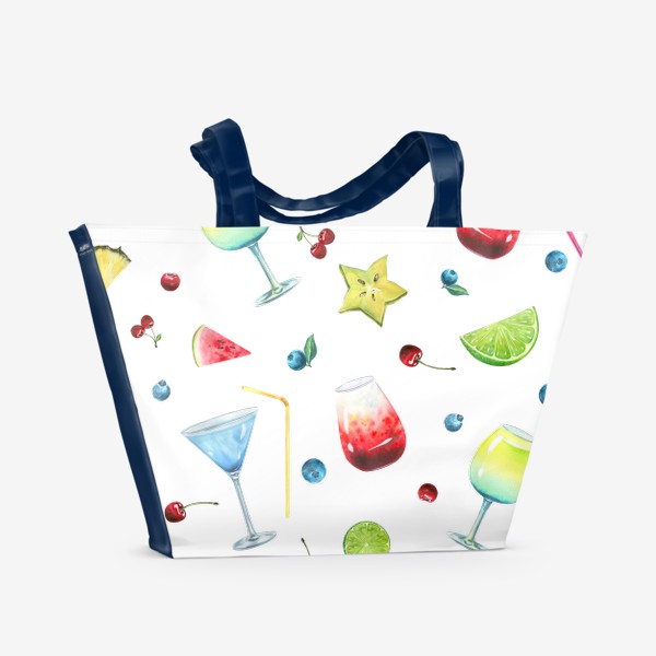 Пляжная сумка &laquo;Фрукты, ягоды, коктейли, тропический паттерн. Акварель.&raquo;