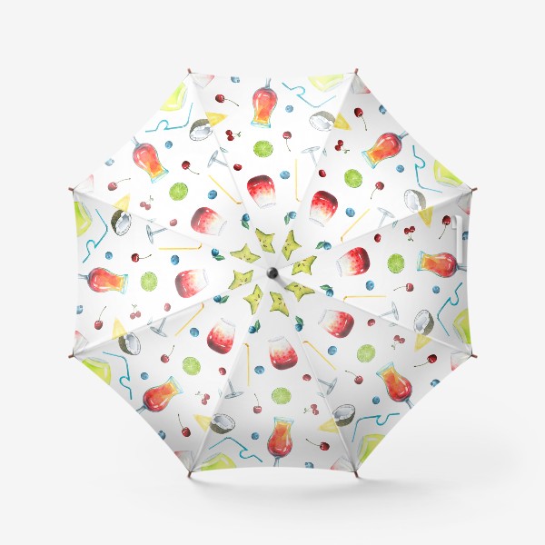 Зонт «Фрукты, ягоды, коктейли, тропический паттерн. Акварель.»