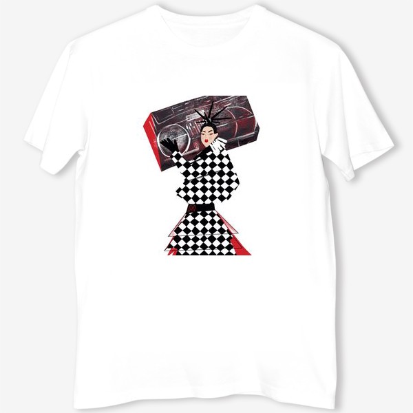 Футболка &laquo;Абстрактная девушка с огромным магнитофоном в черныхб красных и белых тонах на белом фоне &raquo;