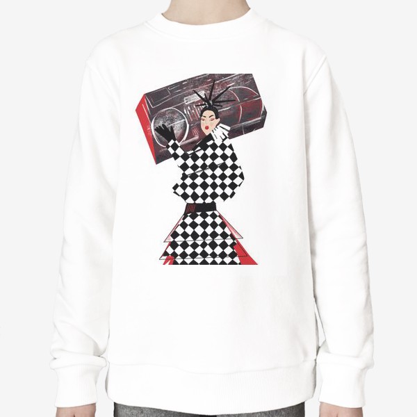 Свитшот «Абстрактная девушка с огромным магнитофоном в черныхб красных и белых тонах на белом фоне »