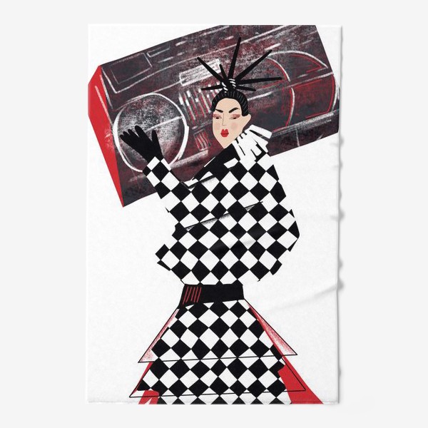 Полотенце «Абстрактная девушка с огромным магнитофоном в черныхб красных и белых тонах на белом фоне »
