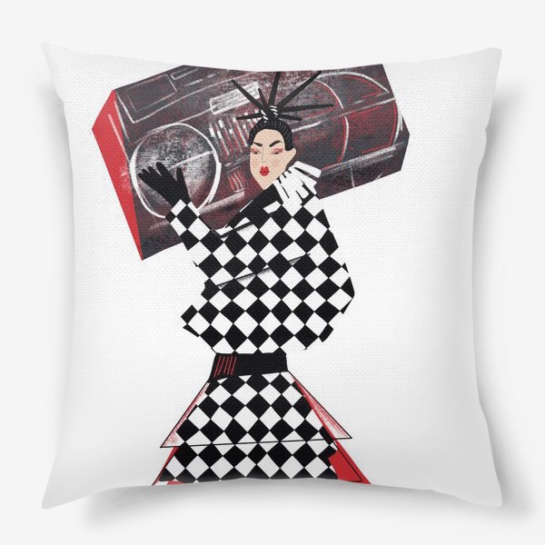 Подушка «Абстрактная девушка с огромным магнитофоном в черныхб красных и белых тонах на белом фоне »