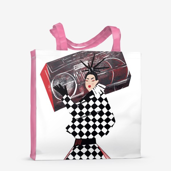 Сумка-шоппер «Абстрактная девушка с огромным магнитофоном в черныхб красных и белых тонах на белом фоне »
