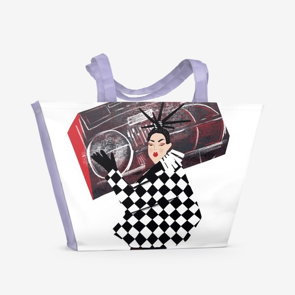 Пляжная сумка &laquo;Абстрактная девушка с огромным магнитофоном в черныхб красных и белых тонах на белом фоне &raquo;