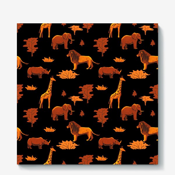 Холст «Африканский этнический паттерн с животными из серии (жираф, слон, лев, носорог)»