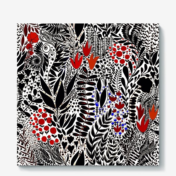 Холст «Черно-белые травинки с красными цветами»