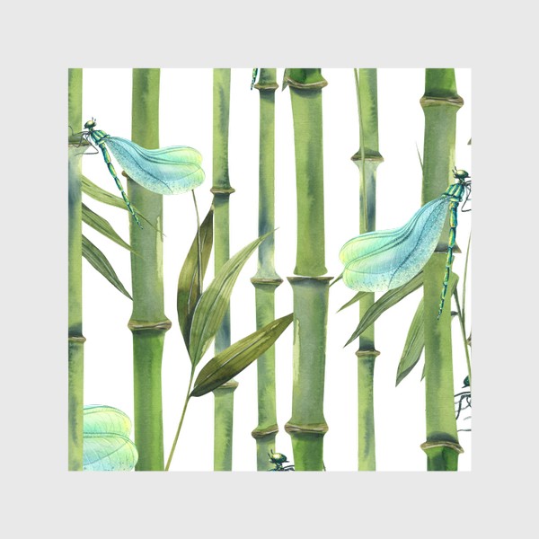 Шторы «Стебли и листья бамбука, стрекозы. Акварель, паттерн.»