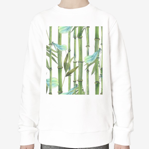 Свитшот «Стебли и листья бамбука, стрекозы. Акварель, паттерн.»