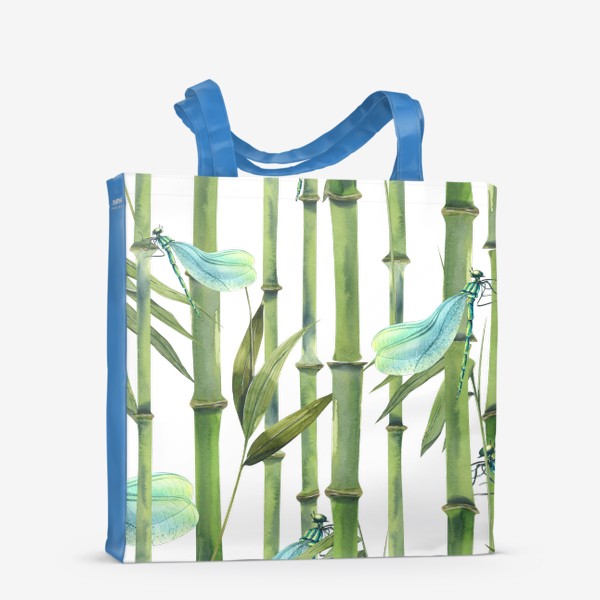 Сумка-шоппер «Стебли и листья бамбука, стрекозы. Акварель, паттерн.»